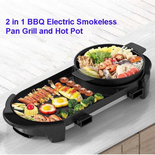 2 In 1 BBQ Electric Smokeless Pan Grill Teppanyaki & Hot Pot Steamboat Combination Party Family